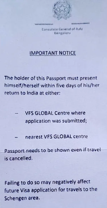 report back notice by italian consulate bangalore schengen visa