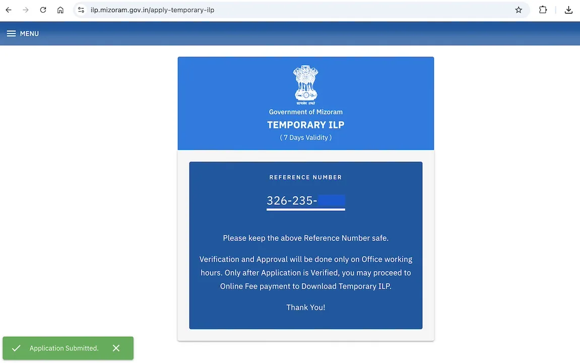 temporary ilp application reference number mizoram