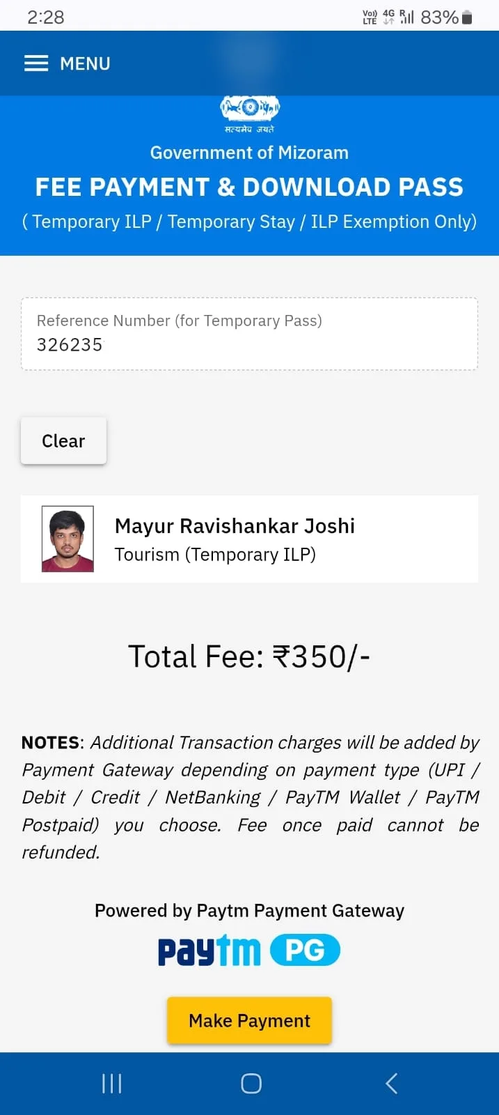 temporary ilp fee payment mizoram