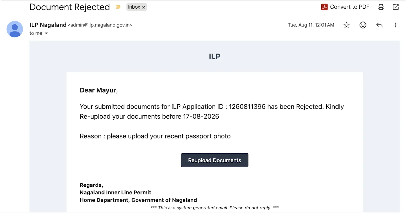 document rejected email nagaland ilp