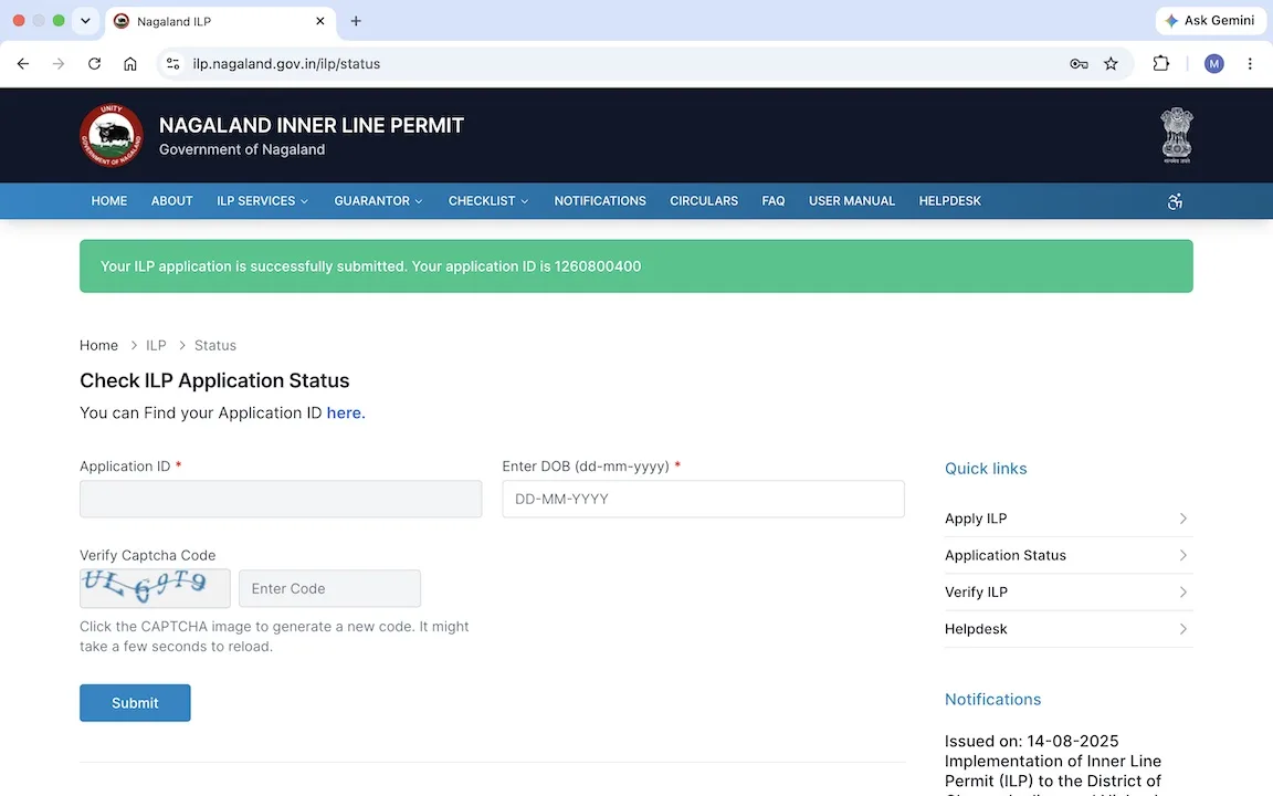 nagaland ilp applied confirmation
